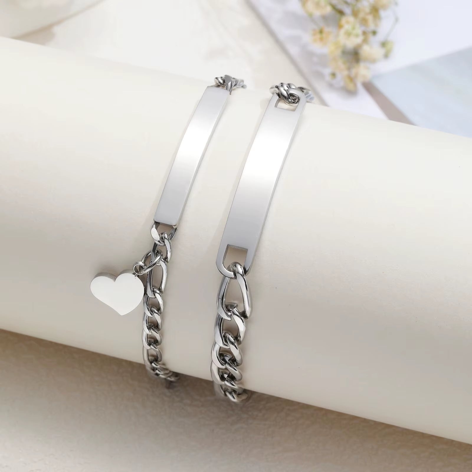 Custom Valentines Day Gift Jewelry for Couples, Love Promise Bracelets for Women Men, Heart Charm Figaro Chain Bracelets