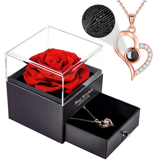 Eternal Real Rose Gift Box with "I Love You" Necklace in 100 Languages