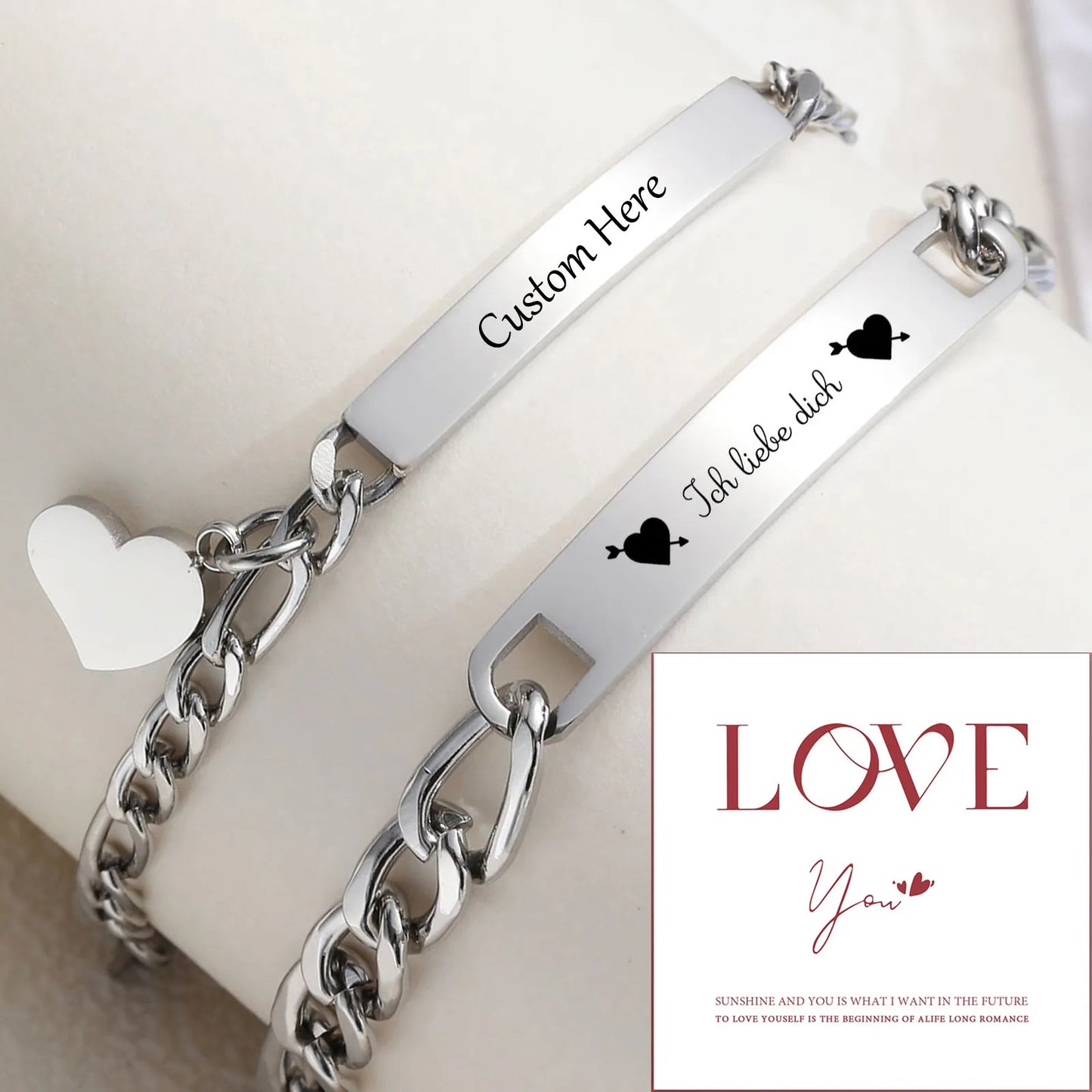 Custom Valentines Day Gift Jewelry for Couples, Love Promise Bracelets for Women Men, Heart Charm Figaro Chain Bracelets