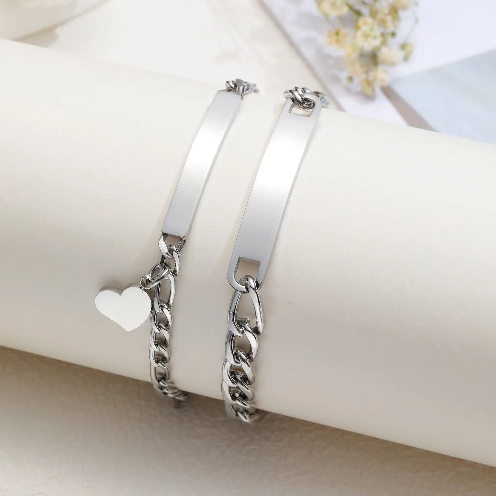 Custom Valentines Day Gift Jewelry for Couples, Love Promise Bracelets for Women Men, Heart Charm Figaro Chain Bracelets